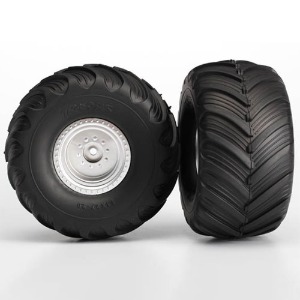 하비몬[#AX3665] Tires &amp; Wheels, Assembled, Glued (Satin Chrome Wheels, Terra Groove Dual Profile Tires, Foam Inserts) (Nitro Rear/ Electric Front) (BIGFOOT)[상품코드]TRAXXAS