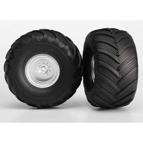 하비몬[#AX3663] Tires &amp; Wheels Assembled Glued (Monster Jam Replica Satin Chrome Wheels Monster Jam Replica Tires Foam Inserts) (2) (Electric Rear) (2)[상품코드]TRAXXAS