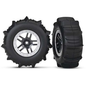 하비몬[#AX5891] Tires &amp; Wheels, Assembled, Glued (SCT Split-Spoke Satin Chrome, Beadlock Style Wheels, Paddle Tires, Foam Inserts) (2) (4WD Front/Rear, 2WD Rear Only) (TSM Rated)[상품코드]TRAXXAS