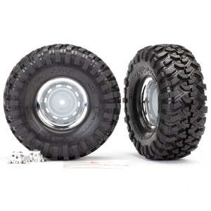 하비몬[#AX8166] Tires And Wheels, Assembled, Glued (1.9&quot; Chrome Wheels, Canyon Trail 4.6x1.9” Tires) (2)/ Center Caps (2)/ Decal Sheet (Requires #8255A Extended Stub Axle)[상품코드]TRAXXAS